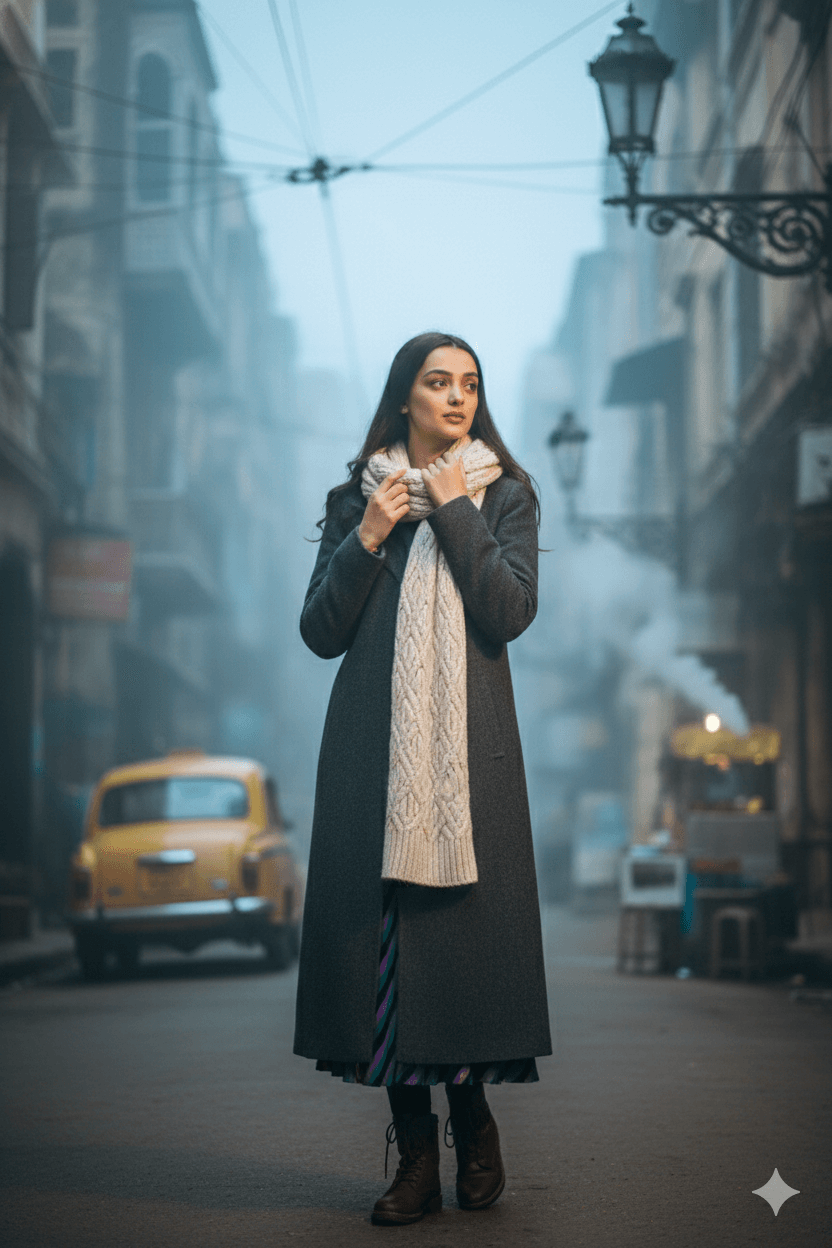 Young Indian woman standing alone on a quiet Kolkata street